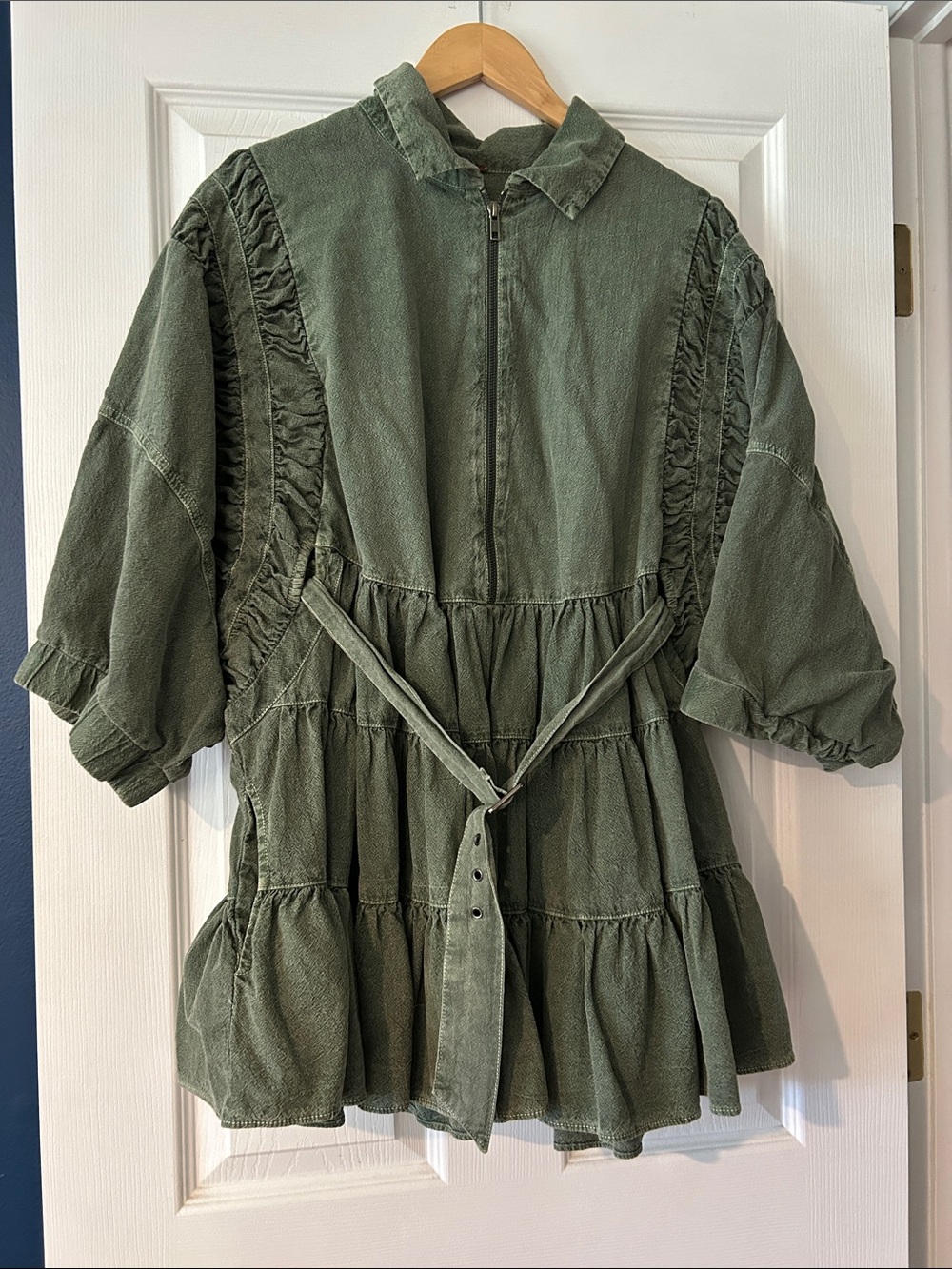 Free People Olive Green Textured Zip-Front  Dress